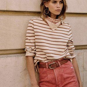 Sezane Mariniere Colette ecru and camel long sleeved top sz M